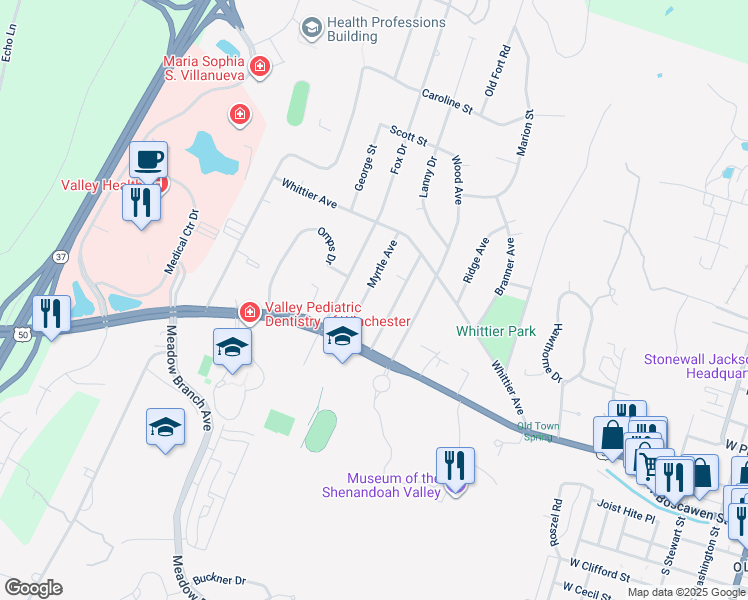map of restaurants, bars, coffee shops, grocery stores, and more near 140 Myrtle Avenue in Winchester