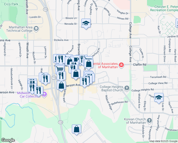 map of restaurants, bars, coffee shops, grocery stores, and more near 1130 Westport Drive in Manhattan