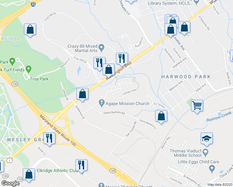 map of restaurants, bars, coffee shops, grocery stores, and more near 6721 Caleb Dorsey Square in Elkridge
