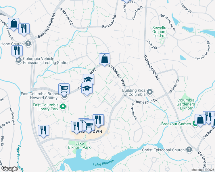 map of restaurants, bars, coffee shops, grocery stores, and more near 7230 Talisman Lane in Columbia