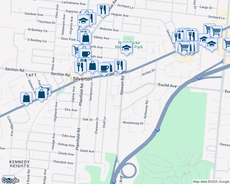 map of restaurants, bars, coffee shops, grocery stores, and more near 6847 Stewart Road in Cincinnati