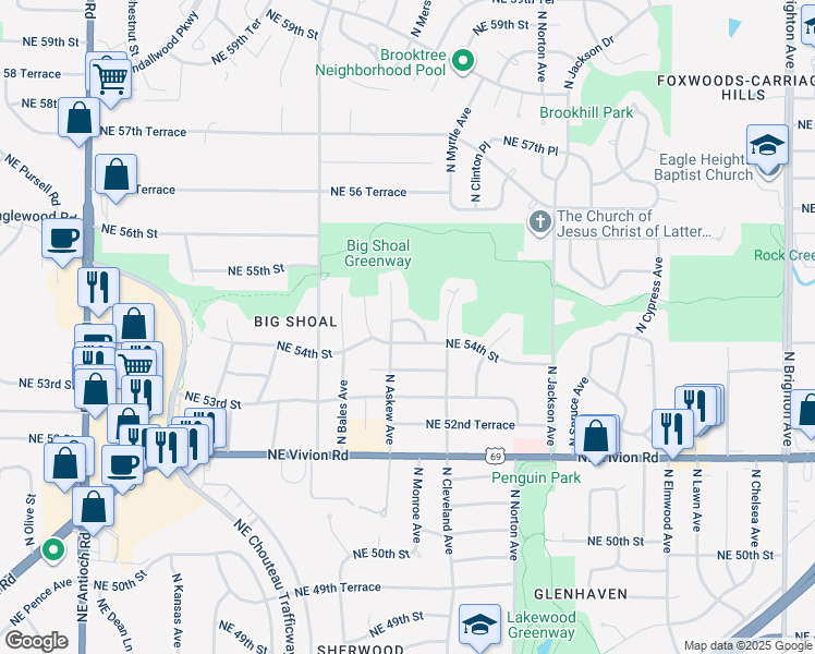 map of restaurants, bars, coffee shops, grocery stores, and more near 3609 Northeast 54th Terrace in Kansas City