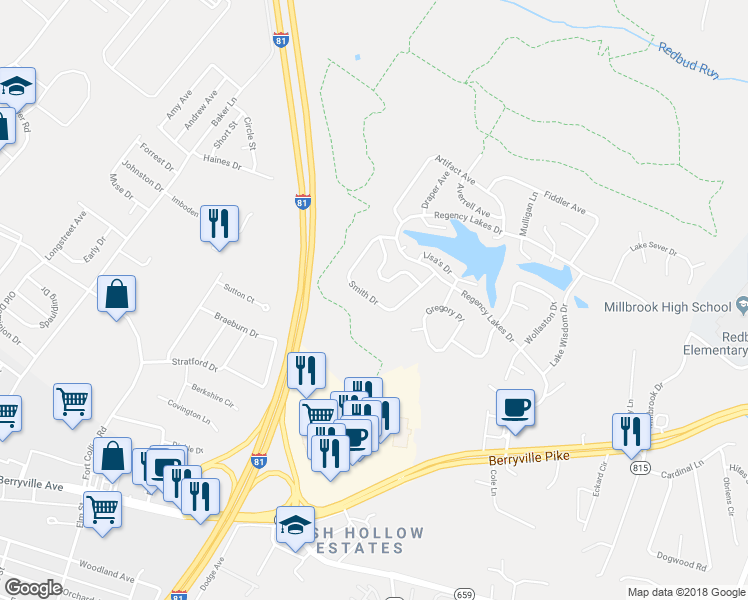 map of restaurants, bars, coffee shops, grocery stores, and more near 132 Smith Drive in Winchester