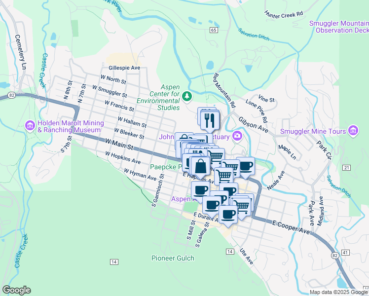 map of restaurants, bars, coffee shops, grocery stores, and more near 200 North Aspen Street in Aspen