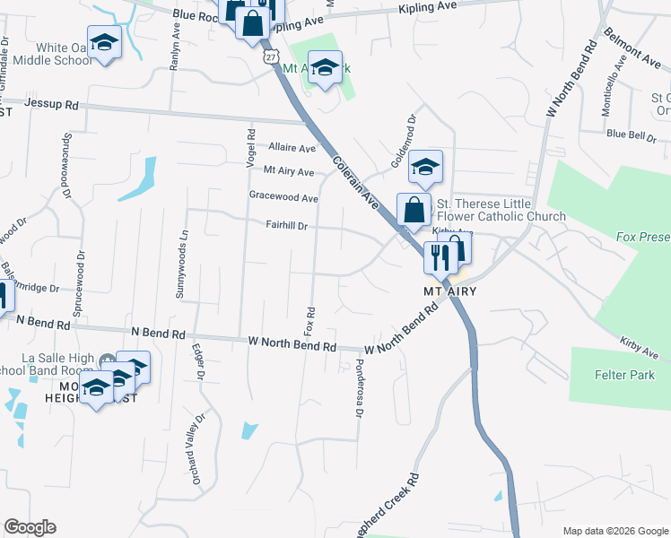 map of restaurants, bars, coffee shops, grocery stores, and more near 5700 Kirby Avenue in Cincinnati