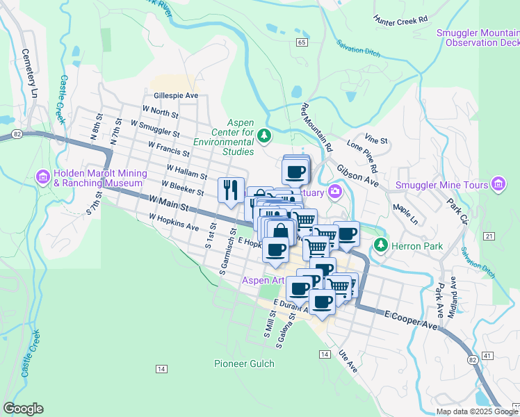 map of restaurants, bars, coffee shops, grocery stores, and more near 200 North Aspen Street in Aspen
