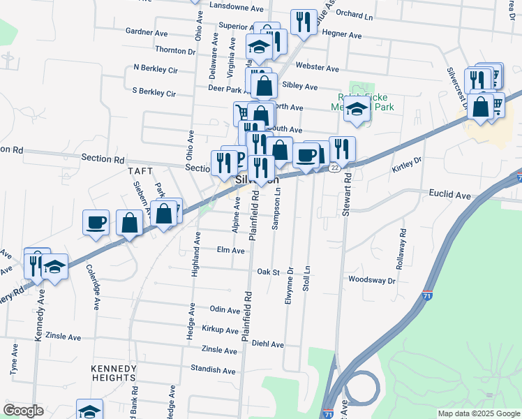 map of restaurants, bars, coffee shops, grocery stores, and more near 6834 Plainfield Road in Cincinnati