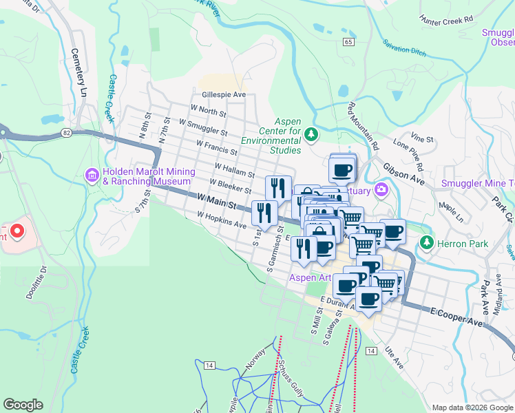 map of restaurants, bars, coffee shops, grocery stores, and more near 200 West Main Street in Aspen