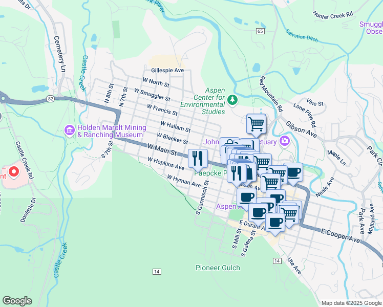 map of restaurants, bars, coffee shops, grocery stores, and more near 200 West Main Street in Aspen