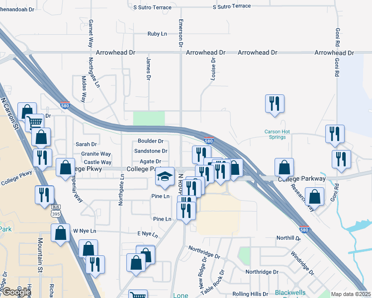 map of restaurants, bars, coffee shops, grocery stores, and more near 3662 Emerson Drive in Carson City
