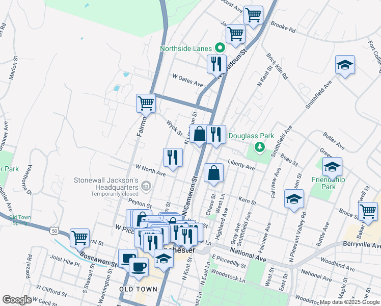 map of restaurants, bars, coffee shops, grocery stores, and more near 540 North Loudoun Street in Winchester