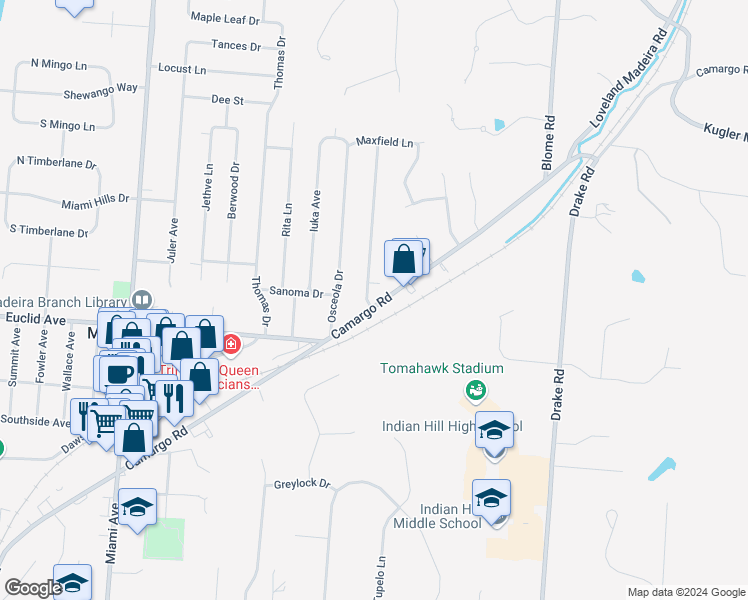map of restaurants, bars, coffee shops, grocery stores, and more near 7202 Longfield Drive in Cincinnati