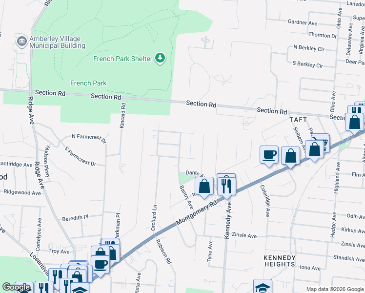 map of restaurants, bars, coffee shops, grocery stores, and more near 6825 Bantry Avenue in Cincinnati