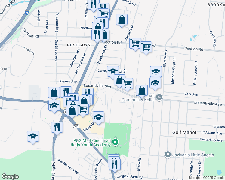 map of restaurants, bars, coffee shops, grocery stores, and more near 7171 Eastlawn Drive in Cincinnati