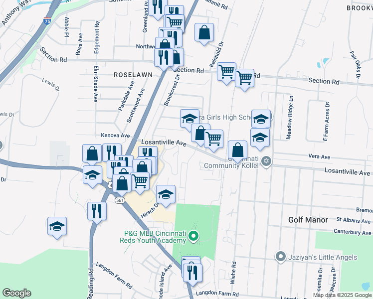 map of restaurants, bars, coffee shops, grocery stores, and more near 1865 Losantiville Avenue in Cincinnati
