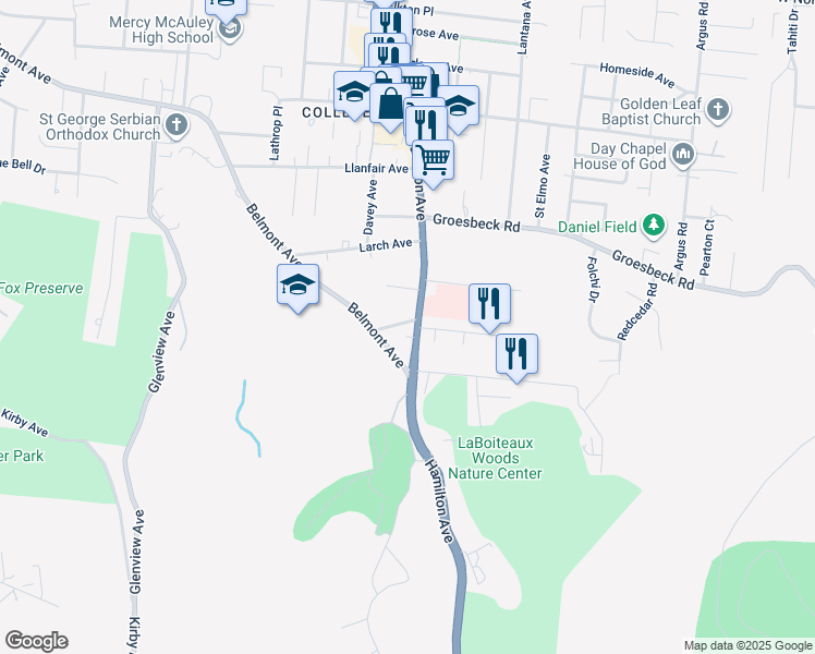 map of restaurants, bars, coffee shops, grocery stores, and more near 1520 Aster Place in Cincinnati