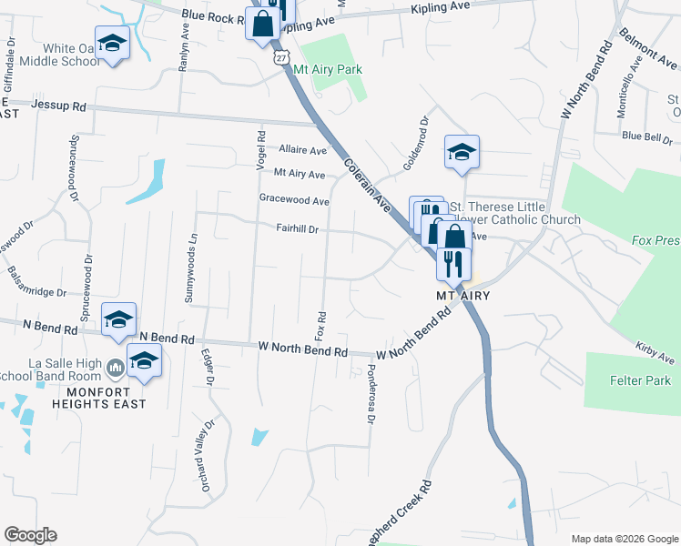 map of restaurants, bars, coffee shops, grocery stores, and more near 5700 Kirby Avenue in Cincinnati