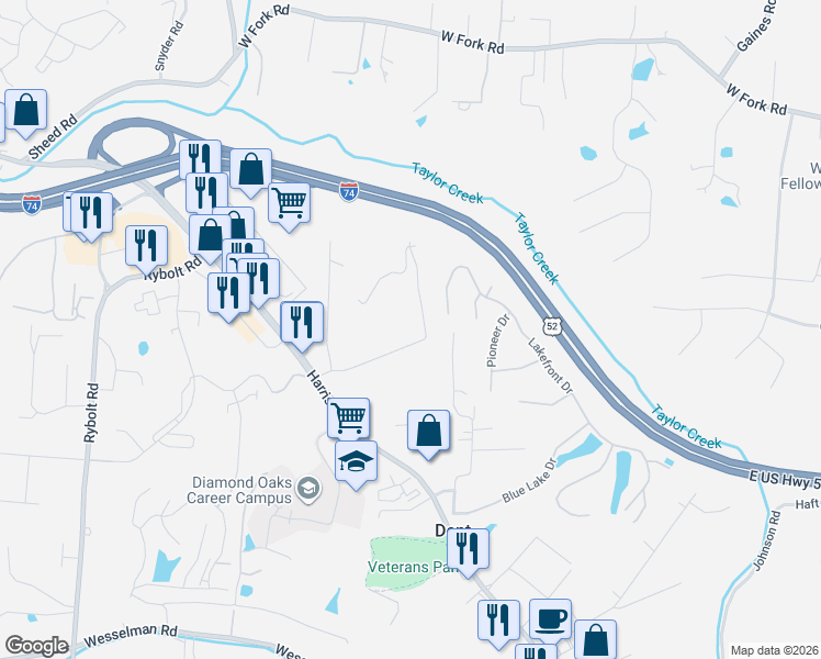 map of restaurants, bars, coffee shops, grocery stores, and more near 8 Blue Sky Drive in Cincinnati