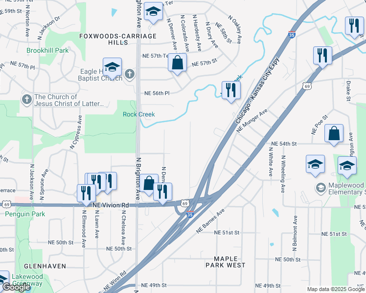 map of restaurants, bars, coffee shops, grocery stores, and more near 5408 North Hardesty Avenue in Kansas City