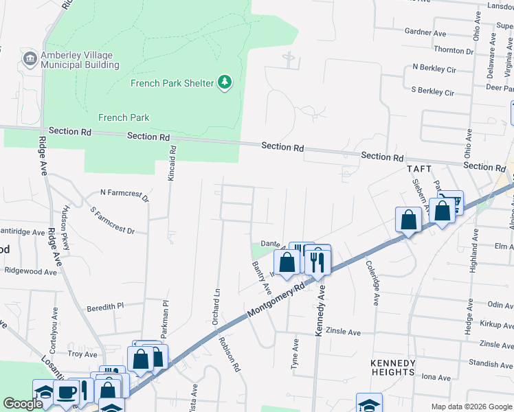 map of restaurants, bars, coffee shops, grocery stores, and more near 6825 Bantry Avenue in Cincinnati