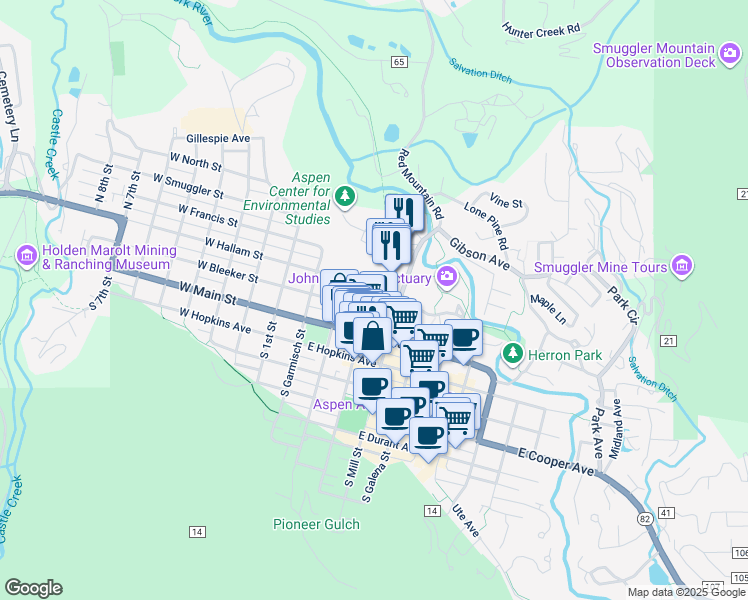 map of restaurants, bars, coffee shops, grocery stores, and more near 204 North Monarch Street in Aspen