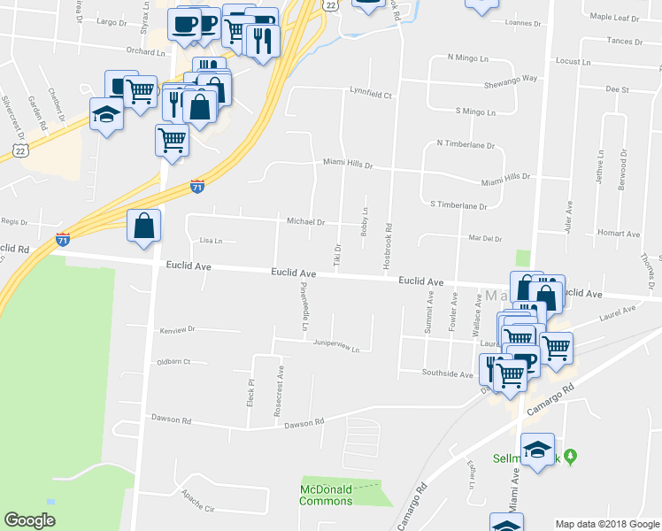 map of restaurants, bars, coffee shops, grocery stores, and more near 7121 Tiki Drive in Cincinnati