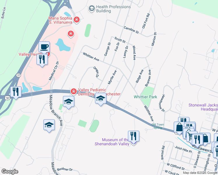 map of restaurants, bars, coffee shops, grocery stores, and more near 140 Myrtle Avenue in Winchester