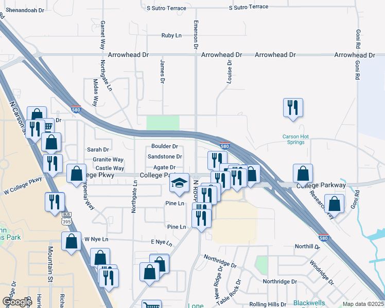 map of restaurants, bars, coffee shops, grocery stores, and more near 3662 Emerson Drive in Carson City