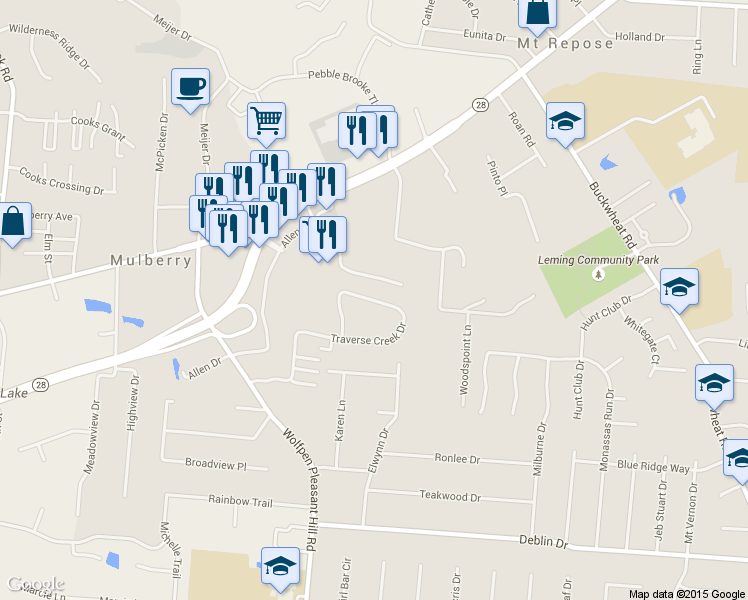 map of restaurants, bars, coffee shops, grocery stores, and more near 2401 Traverse Creek Drive in Milford