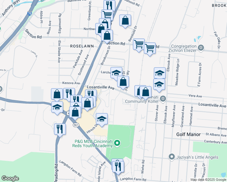 map of restaurants, bars, coffee shops, grocery stores, and more near 1869 Losantiville Avenue in Cincinnati