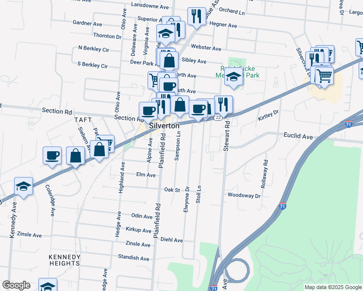 map of restaurants, bars, coffee shops, grocery stores, and more near 6834 Sampson Lane in Cincinnati