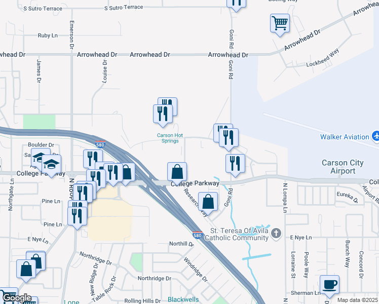 map of restaurants, bars, coffee shops, grocery stores, and more near 3691 Research Way in Carson City
