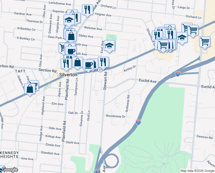 map of restaurants, bars, coffee shops, grocery stores, and more near 6844 Stewart Road in Cincinnati