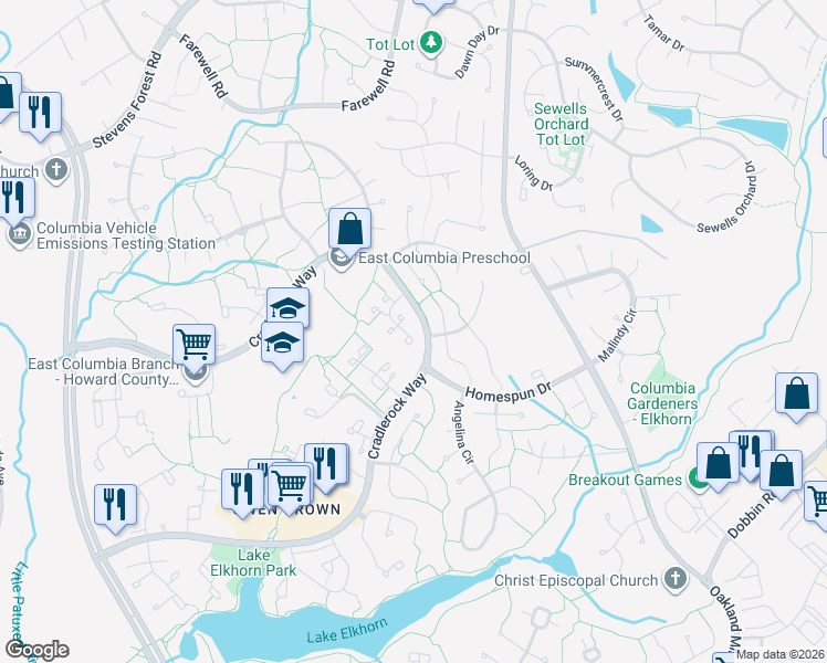 map of restaurants, bars, coffee shops, grocery stores, and more near 7035 Knighthood Lane in Columbia