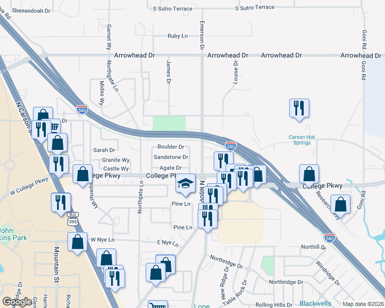 map of restaurants, bars, coffee shops, grocery stores, and more near 3609 Diamond Avenue in Carson City
