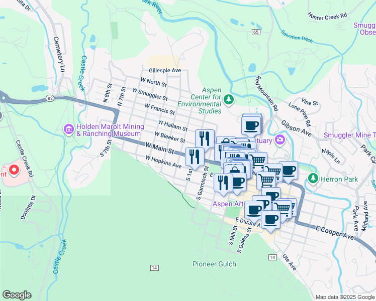 map of restaurants, bars, coffee shops, grocery stores, and more near 200 West Main Street in Aspen