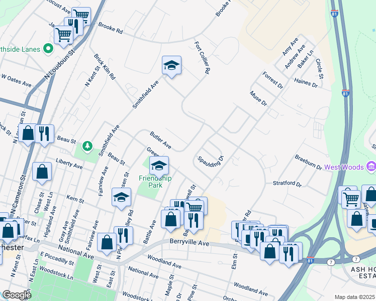 map of restaurants, bars, coffee shops, grocery stores, and more near 848 Butler Avenue in Winchester