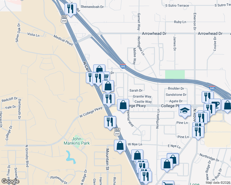 map of restaurants, bars, coffee shops, grocery stores, and more near 20 West College Parkway in Carson City