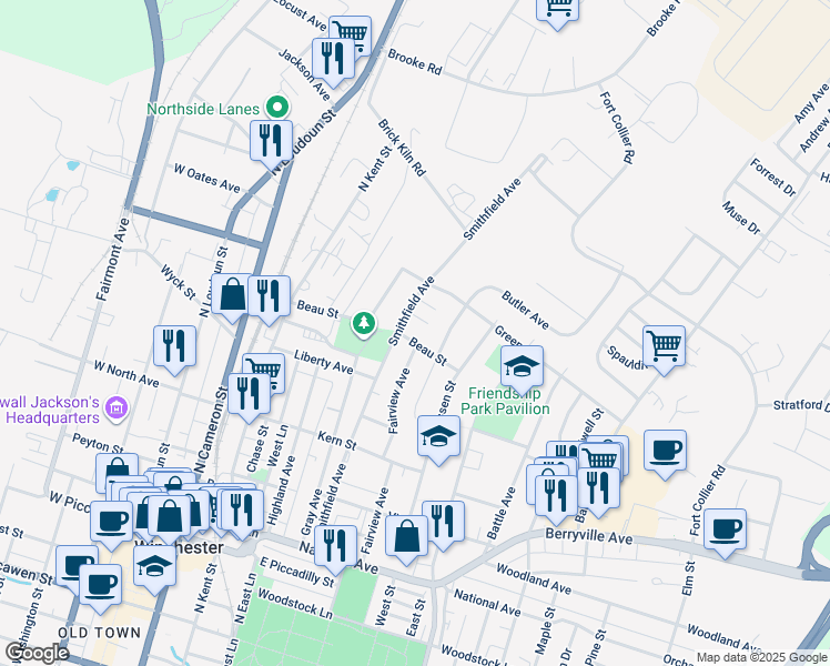 map of restaurants, bars, coffee shops, grocery stores, and more near 314 Beau Street in Winchester
