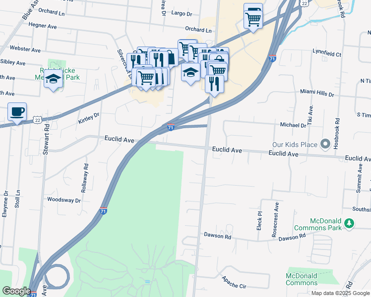 map of restaurants, bars, coffee shops, grocery stores, and more near 6319 Euclid Road in Cincinnati