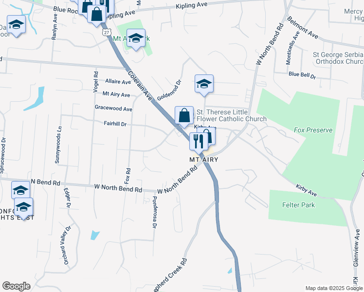 map of restaurants, bars, coffee shops, grocery stores, and more near 2709 Hillvista Lane in Cincinnati