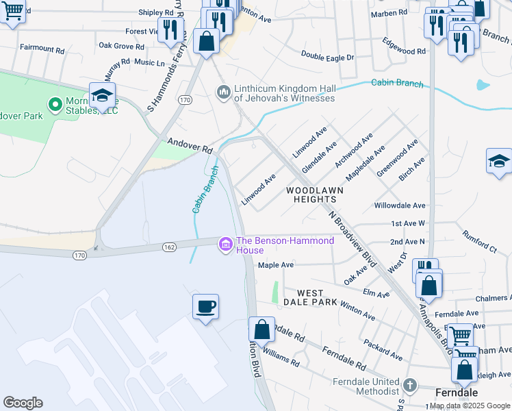 map of restaurants, bars, coffee shops, grocery stores, and more near 1103 Lotus Avenue in Glen Burnie