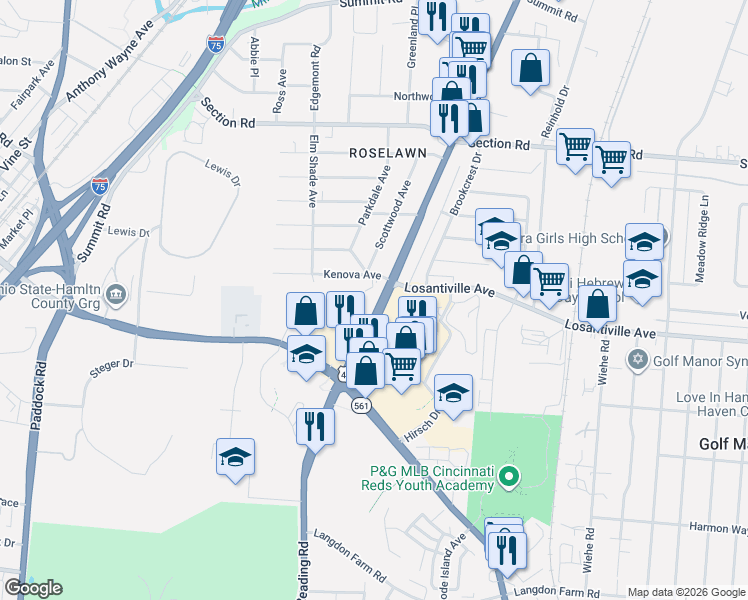 map of restaurants, bars, coffee shops, grocery stores, and more near 7169 Reading Road in Cincinnati