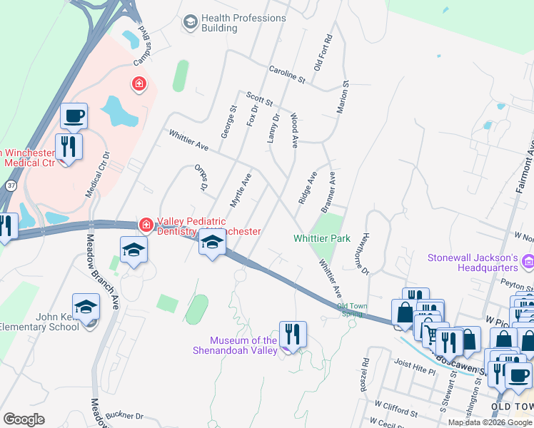 map of restaurants, bars, coffee shops, grocery stores, and more near 209 Wood Avenue in Winchester