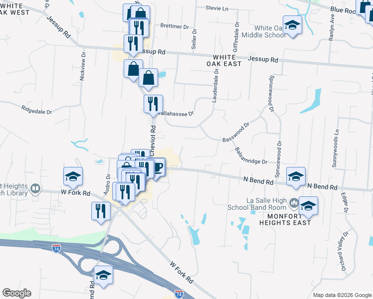 map of restaurants, bars, coffee shops, grocery stores, and more near 3390 Palmhill Lane in Cincinnati