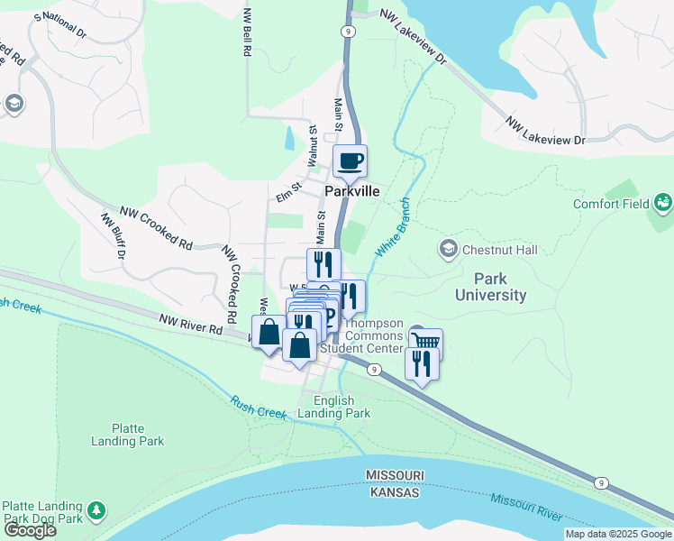 map of restaurants, bars, coffee shops, grocery stores, and more near 506 East Street in Parkville
