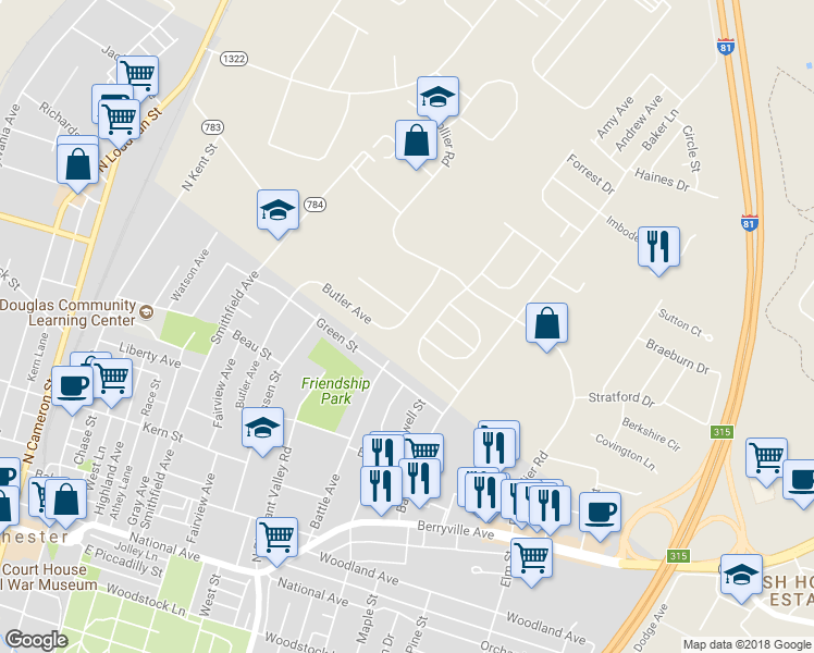 map of restaurants, bars, coffee shops, grocery stores, and more near 848 Butler Avenue in Winchester