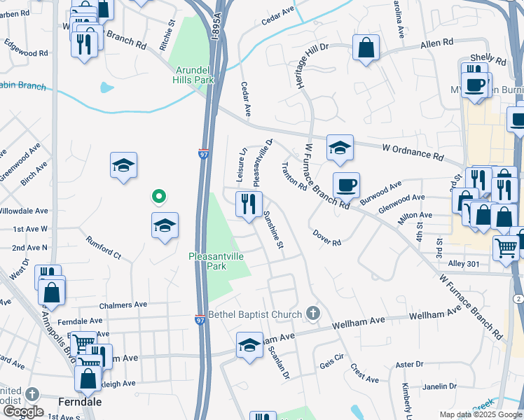map of restaurants, bars, coffee shops, grocery stores, and more near 1628 Sunshine Street in Glen Burnie