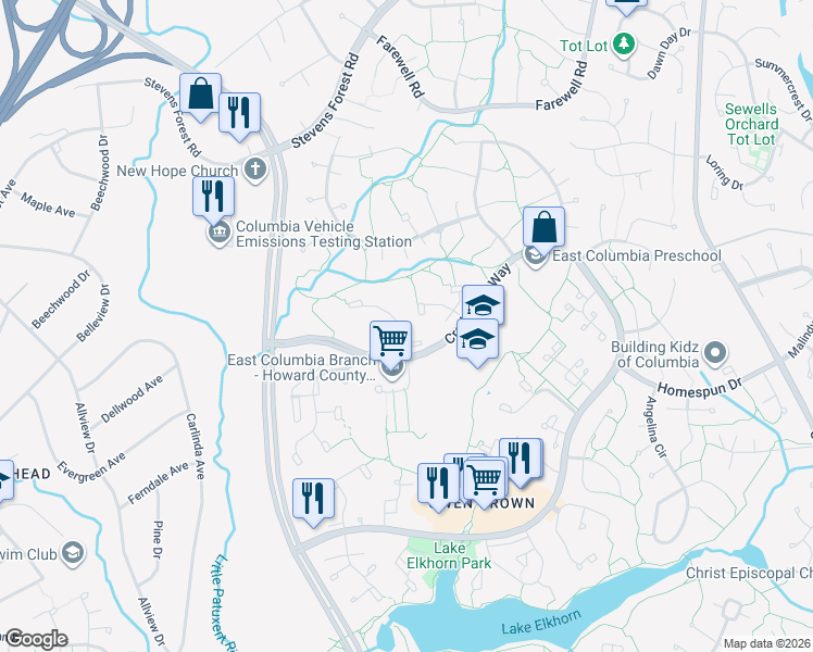 map of restaurants, bars, coffee shops, grocery stores, and more near 6589 Overheart Lane in Columbia