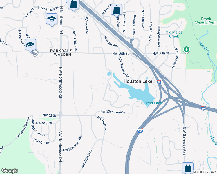 map of restaurants, bars, coffee shops, grocery stores, and more near 5363 Northwest Wagon Trail in Houston Lake